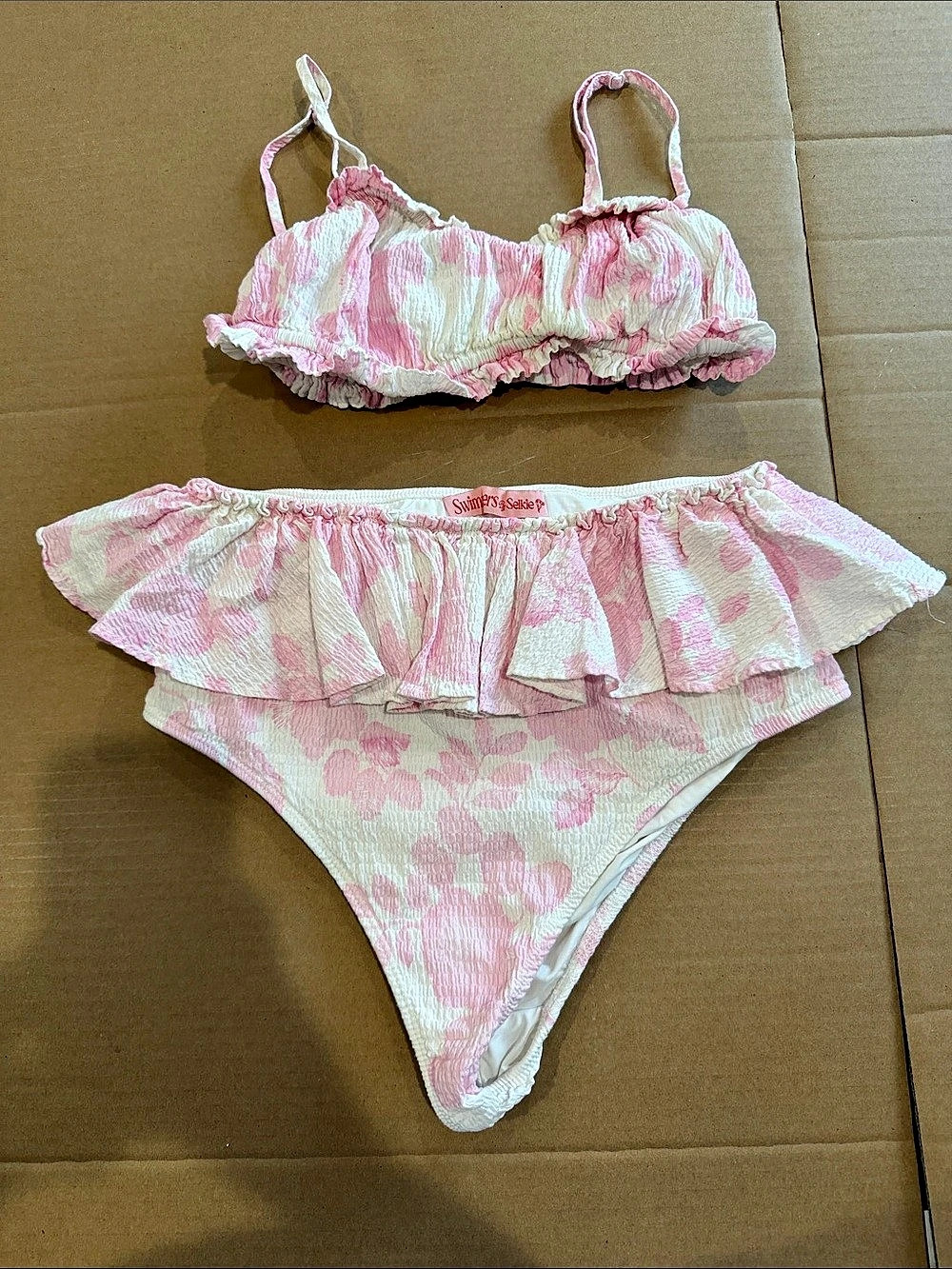 Swimmers by Selkie Floral Ruffle Bikini in Pink & White Size Medium